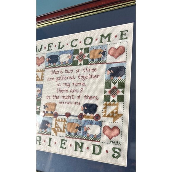 Framed Welcome Friends Cross Stitch With‎ Matthew 18:26 Verse Handmade - Picture 2 of 5